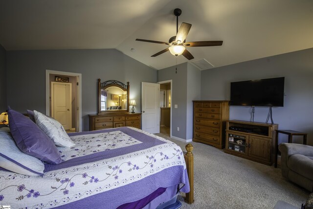 carpeted bedroom featuring vaulted ceiling and ceiling fan