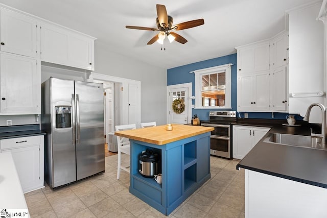 kitchen featuring white cabinets, stainless steel appliances, open shelves, a sink, and ceiling fan