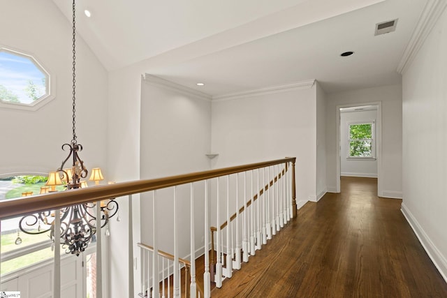 103 Greenleaf Ln, Easley, SC 29642 - corridor featuring an inviting chandelier, wood finished floors, an upstairs landing, and visible vents