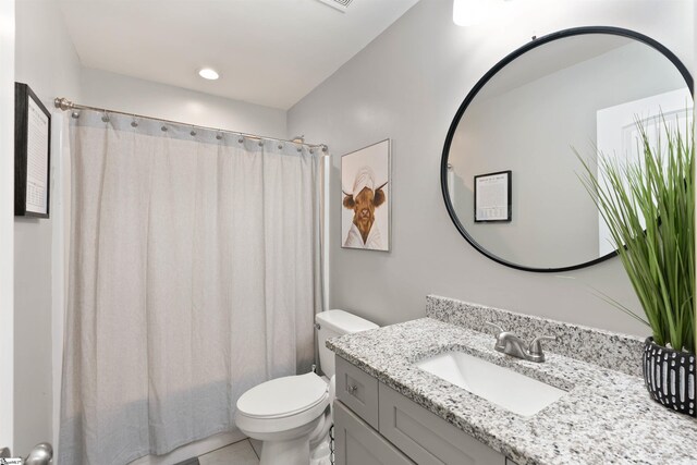 381 Deer Farm Pond Ln, Fair Play, SC 29643 - full bathroom featuring tile patterned flooring, vanity, curtained shower, and toilet