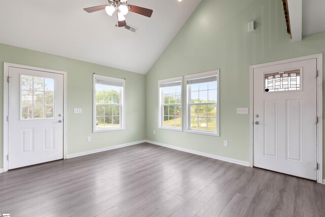 381 Deer Farm Pond Ln, Fair Play, SC 29643 - foyer entrance with baseboards, a ceiling fan, high vaulted ceiling, and dark wood-style floors