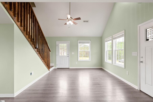 381 Deer Farm Pond Ln, Fair Play, SC 29643 - entrance foyer featuring stairway, dark wood finished floors, a ceiling fan, and visible vents