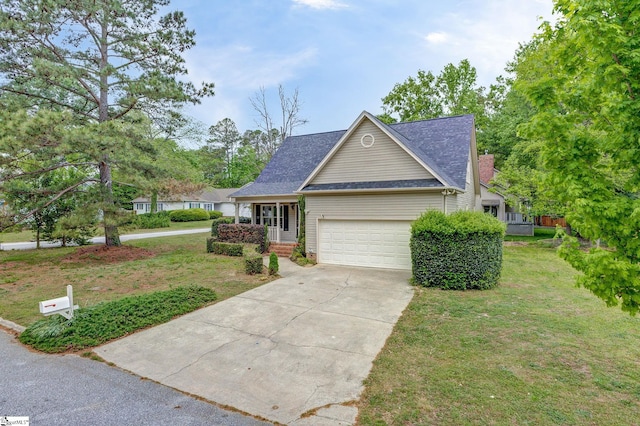 view of front facade featuring concrete driveway, a front lawn, roof with shingles, and a garage