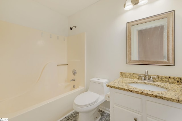full bath featuring washtub / shower combination, toilet, and vanity