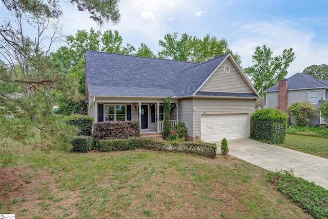 ranch-style house with a garage, concrete driveway, a shingled roof, covered porch, and a front yard