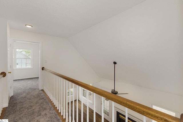 hall featuring lofted ceiling and carpet flooring