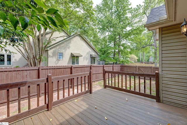 wooden deck with a fenced backyard
