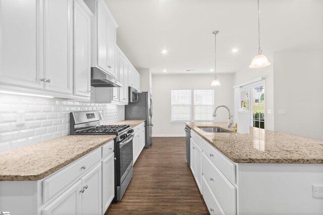 kitchen with stainless steel appliances, a sink, dark wood finished floors, under cabinet range hood, and an island with sink