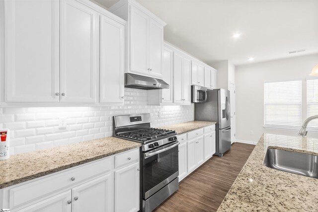 kitchen featuring white cabinets, under cabinet range hood, stainless steel appliances, and a sink
