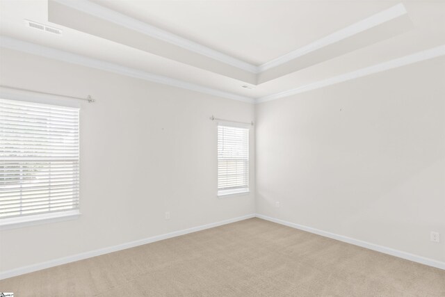 spare room featuring a tray ceiling, visible vents, ornamental molding, baseboards, and light colored carpet