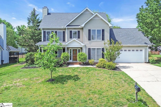 view of front of home featuring concrete driveway, an attached garage, a chimney, and a front lawn