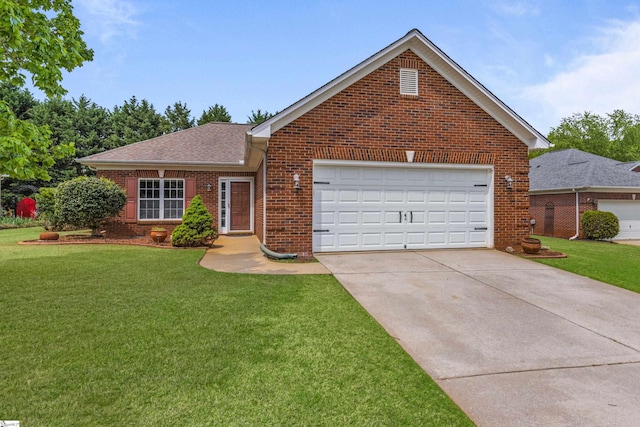 view of front facade featuring a garage, a front lawn, brick siding, and concrete driveway