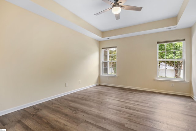 empty room featuring a tray ceiling, plenty of natural light, wood finished floors, and ceiling fan