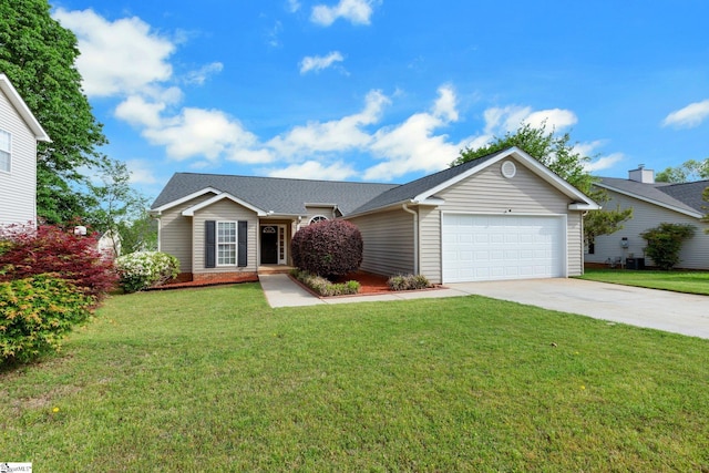 ranch-style home with an attached garage, a shingled roof, a front yard, and concrete driveway