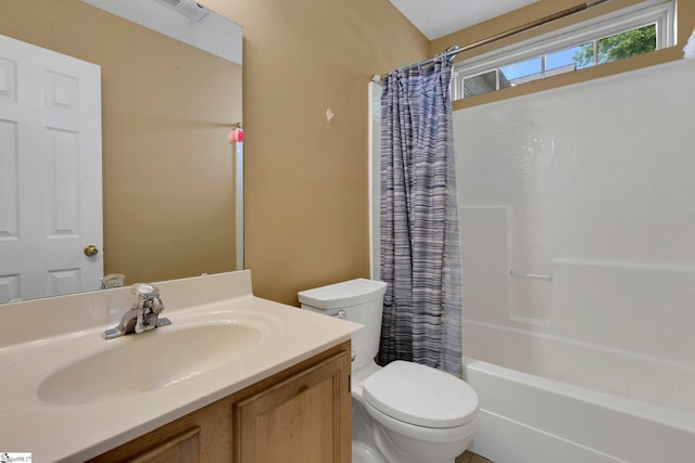full bath featuring visible vents, toilet, vanity, and shower / bathtub combination with curtain