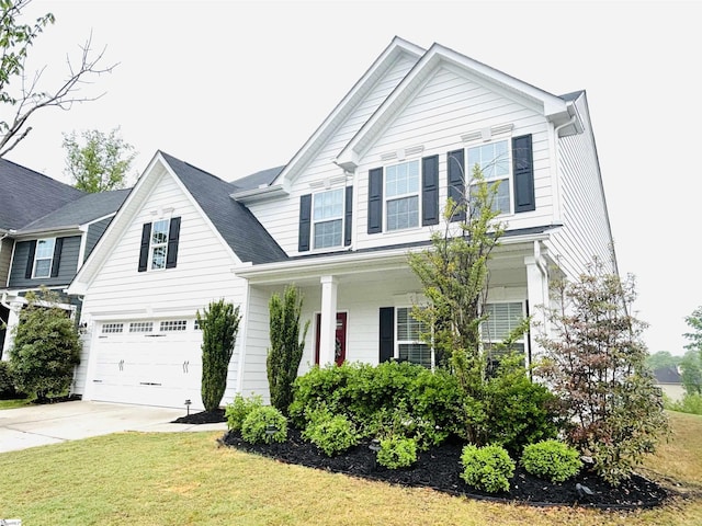 135 Fawn Hill Dr, Simpsonville, SC 29681 - traditional-style house with concrete driveway, an attached garage, a porch, and a front lawn