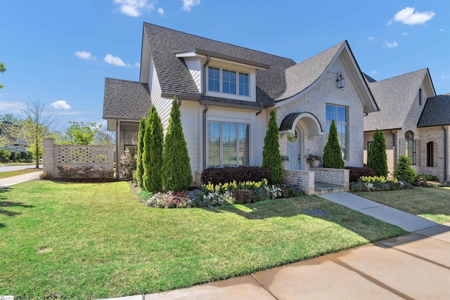 view of front of property with a shingled roof, a front lawn, and brick siding