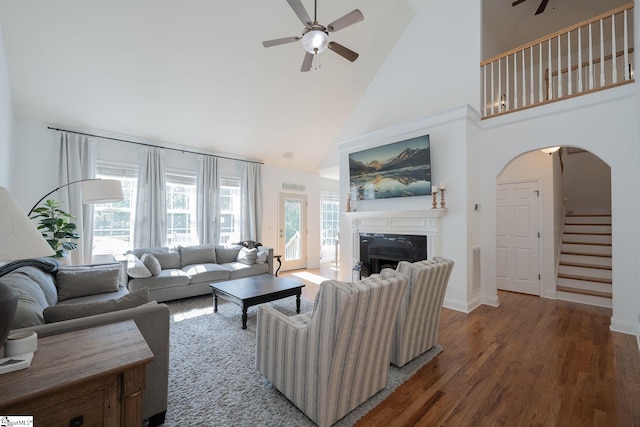 102 Rabon Chase Ct, Fountain Inn, SC 29644 - living room with high vaulted ceiling, a ceiling fan, wood finished floors, arched walkways, and a fireplace