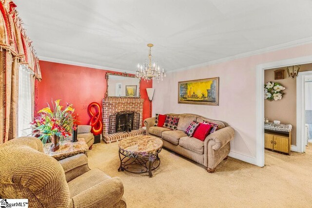 carpeted living area with ornamental molding, a notable chandelier, and baseboards