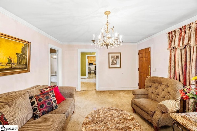 living area with an inviting chandelier, light colored carpet, crown molding, and baseboards