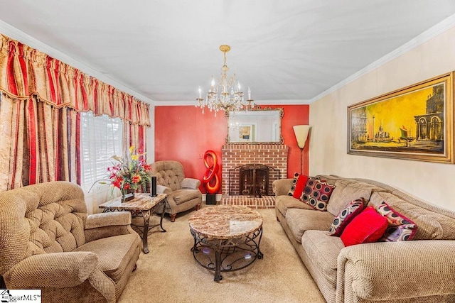 living area with carpet, a chandelier, ornamental molding, and a brick fireplace
