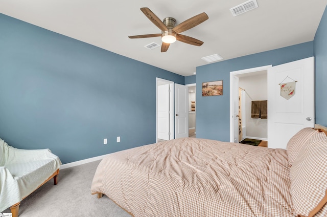 bedroom featuring a ceiling fan, visible vents, and baseboards