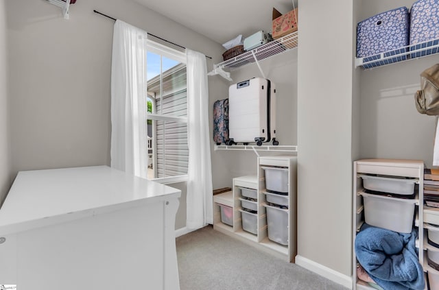 walk in closet with carpet