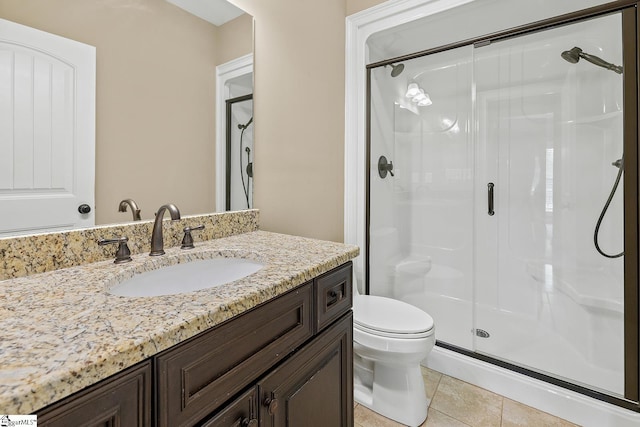 bathroom with tile patterned floors, toilet, and a stall shower