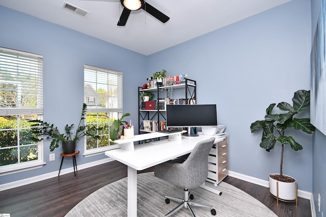 home office featuring wood finished floors, visible vents, ceiling fan, and baseboards