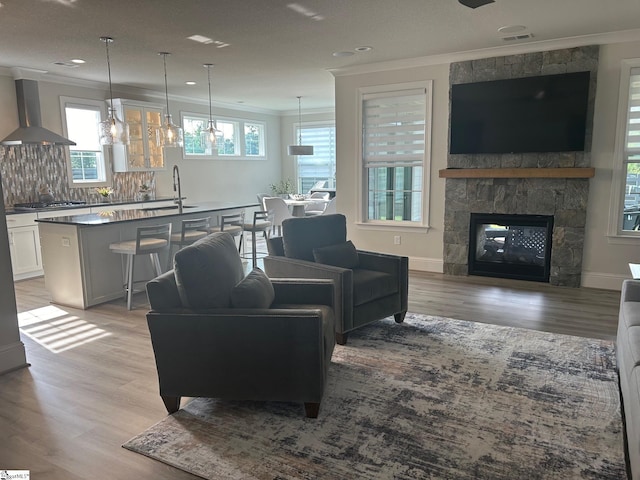 living room with crown molding, light wood finished floors, recessed lighting, and a stone fireplace