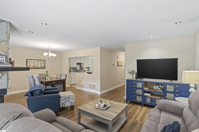 2 Graystone Way, Taylors, SC 29687 - living room featuring recessed lighting, wood finished floors, a chandelier, baseboards, and visible vents
