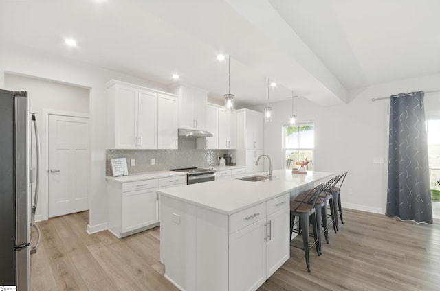 229 Hollythorpe Ln, Fountain Inn, SC 29644 - kitchen featuring tasteful backsplash, white cabinets, stainless steel appliances, under cabinet range hood, and light wood finished floors