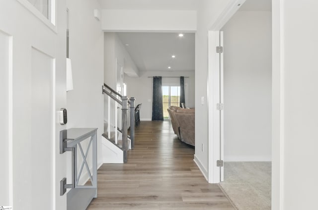 229 Hollythorpe Ln, Fountain Inn, SC 29644 - hall with baseboards, recessed lighting, stairs, and light wood-style flooring