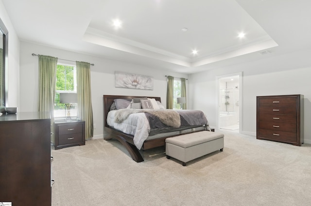 229 Hollythorpe Ln, Fountain Inn, SC 29644 - bedroom featuring a raised ceiling, light carpet, connected bathroom, and multiple windows