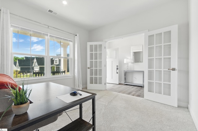 229 Hollythorpe Ln, Fountain Inn, SC 29644 - carpeted home office with baseboards, visible vents, and french doors
