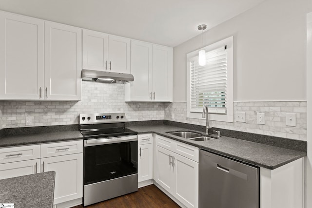 kitchen featuring stainless steel appliances, dark countertops, under cabinet range hood, and a sink