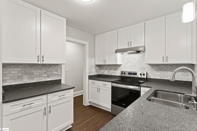 kitchen featuring stainless steel range with electric stovetop, a sink, white cabinets, and under cabinet range hood