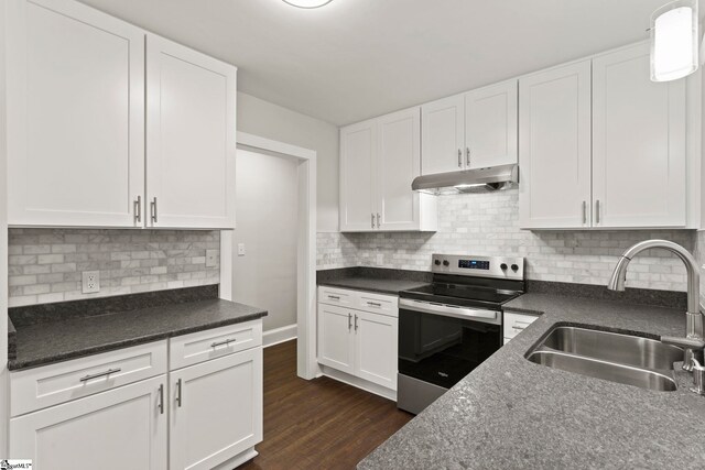 kitchen featuring stainless steel range with electric stovetop, a sink, white cabinets, and under cabinet range hood