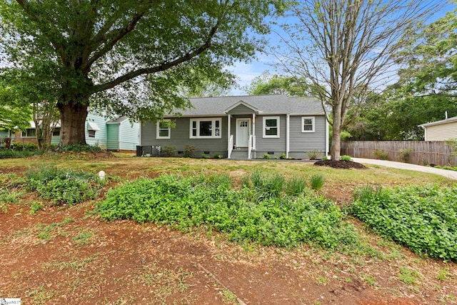 ranch-style home featuring crawl space and fence