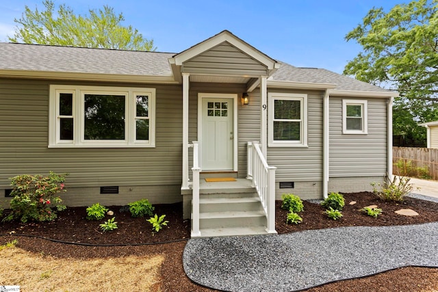 view of front of house with fence, crawl space, and roof with shingles