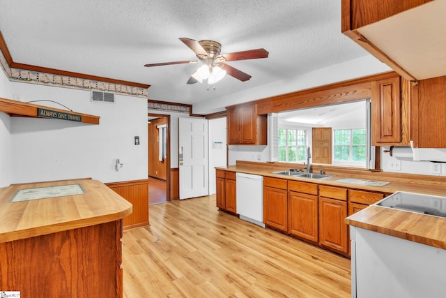 kitchen featuring a sink, ceiling fan, visible vents, dishwasher, and butcher block counters