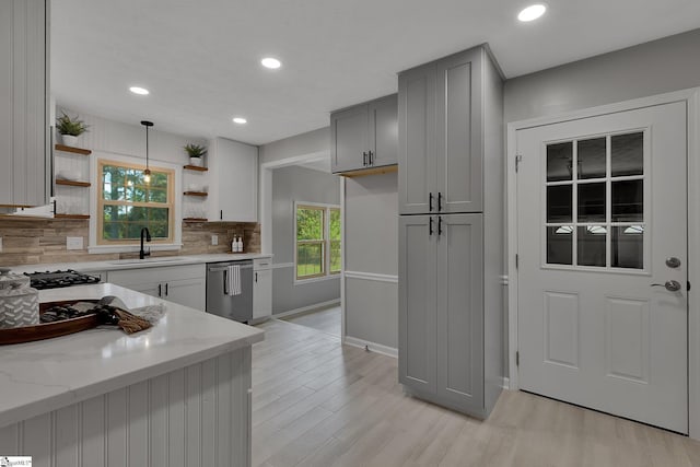 kitchen with recessed lighting, open shelves, tasteful backsplash, gray cabinetry, and dishwasher