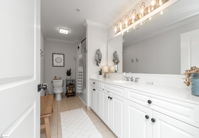 bathroom with tile patterned floors, toilet, vanity, curtained shower, and crown molding