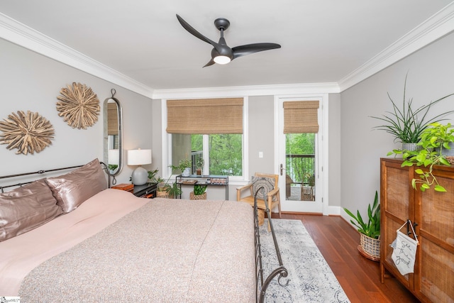 bedroom with dark wood-type flooring, ceiling fan, crown molding, and access to outside