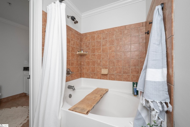 full bath with crown molding, shower / bath combination with curtain, and tile patterned flooring
