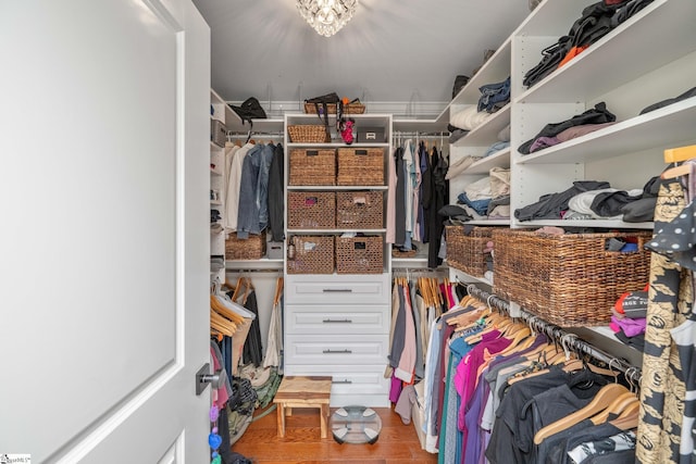 spacious closet with wood finished floors and attic access