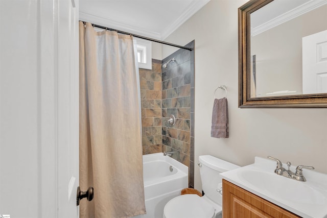 bathroom with shower / bathtub combination with curtain, toilet, crown molding, and vanity