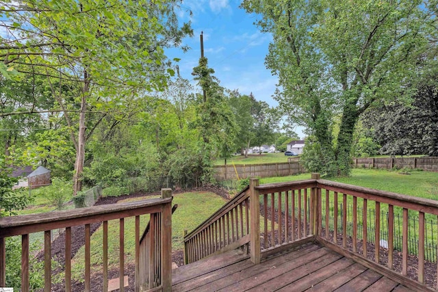 wooden deck with a lawn and a fenced backyard