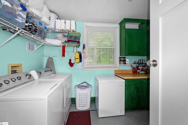 laundry room featuring washer and dryer, visible vents, and laundry area