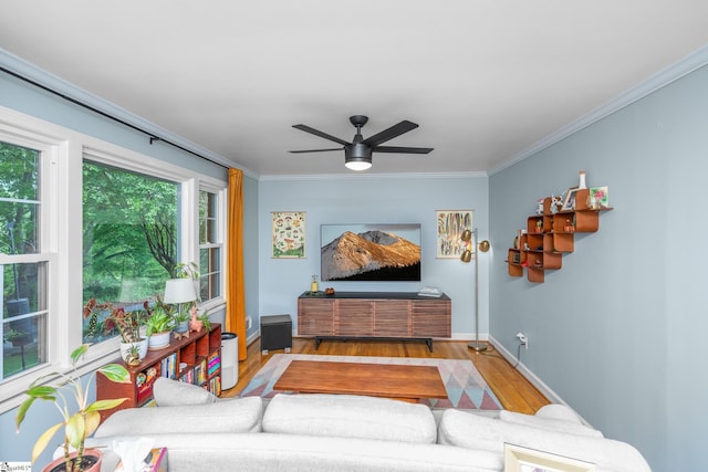 living room with wood finished floors, a ceiling fan, ornamental molding, and baseboards
